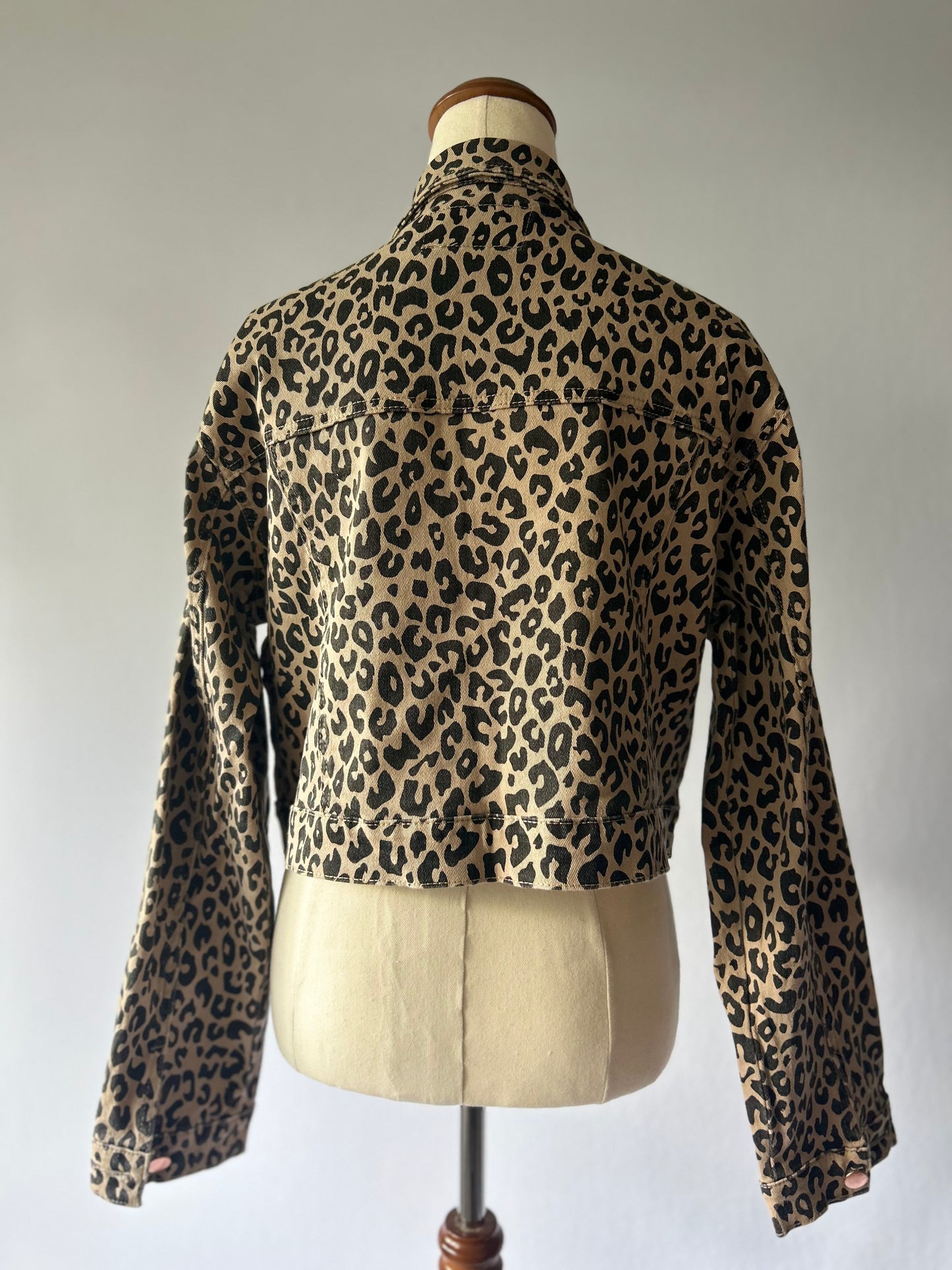 Cropped Leopard Print Denim Jacket - Size 10