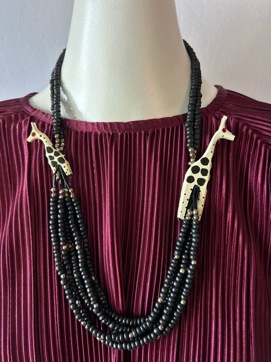 Vintage Multi-Strand Wooden Bead Statement Necklace with Carved Giraffes
