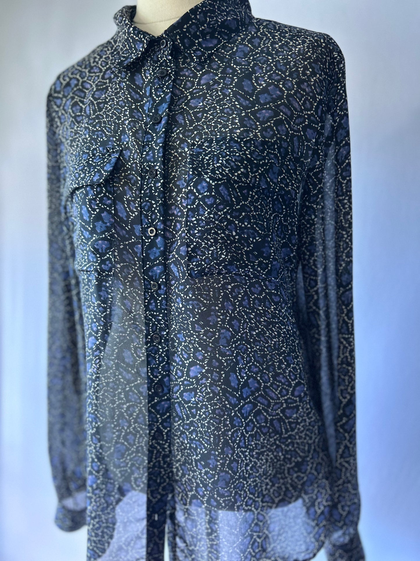 Sheer Printed Long Sleeve Blouse – Blue & Black – Size 10