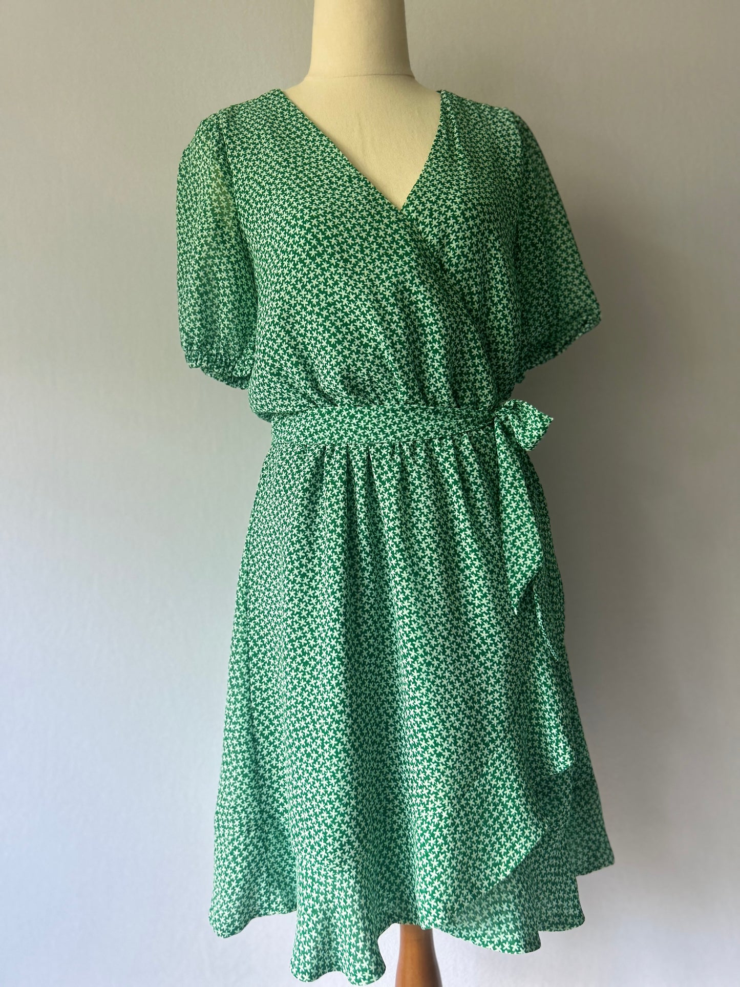 Kookai Green & White Star Print Wrap Mini Dress - Size 38 (NZ 10)