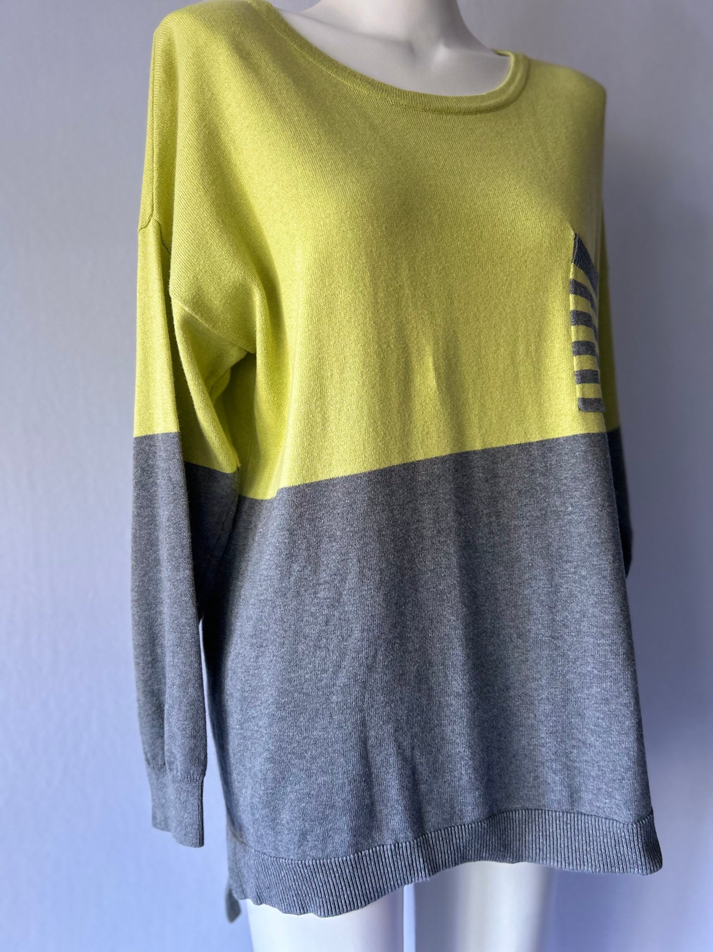 Chartreuse & Grey Two-Tone Cotton Sweater | Striped Pocket Detail | Size Large