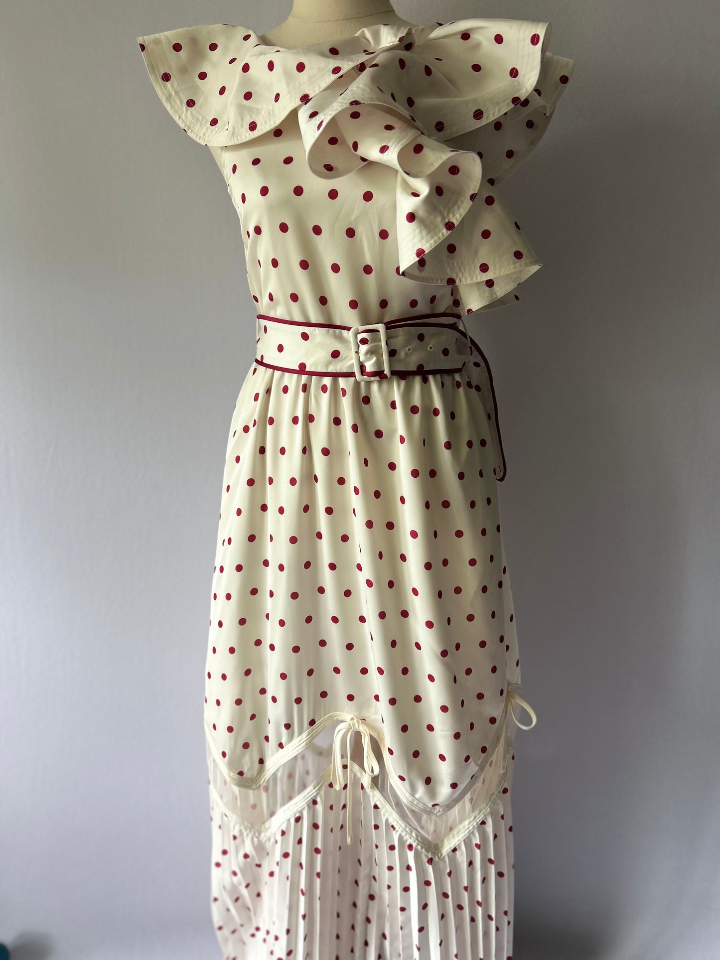 Satin Polka Dot One-Shoulder Ruffle Dress | Cream & Burgundy | UK 8, new with tag