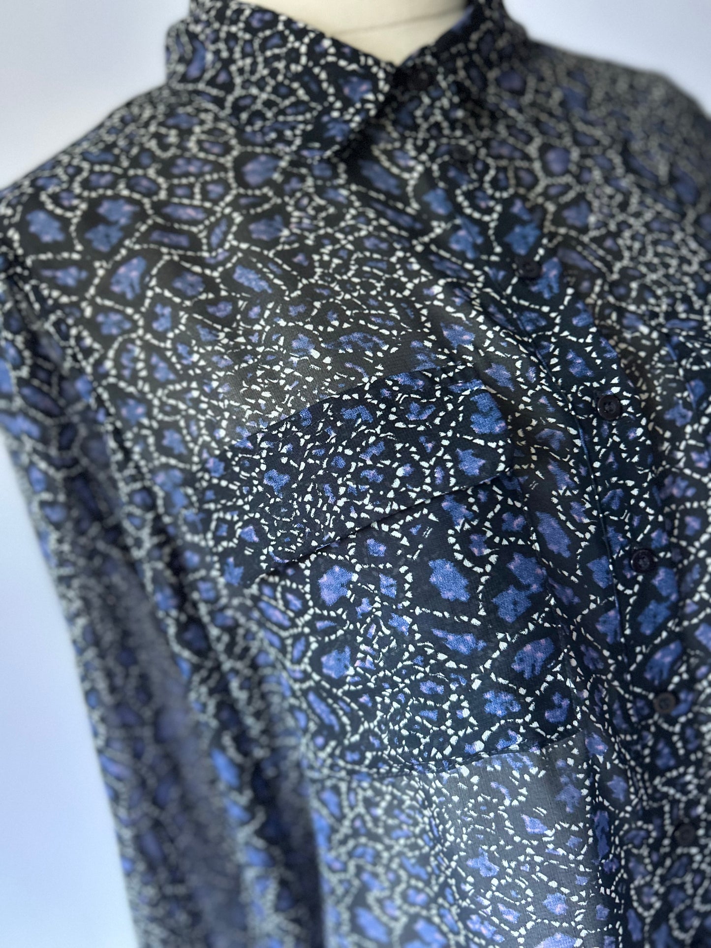 Sheer Printed Long Sleeve Blouse – Blue & Black – Size 10