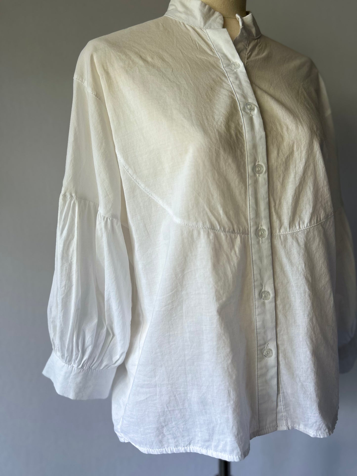 Cotton Mandarin Collar Puff Sleeve Blouse - White - Size M