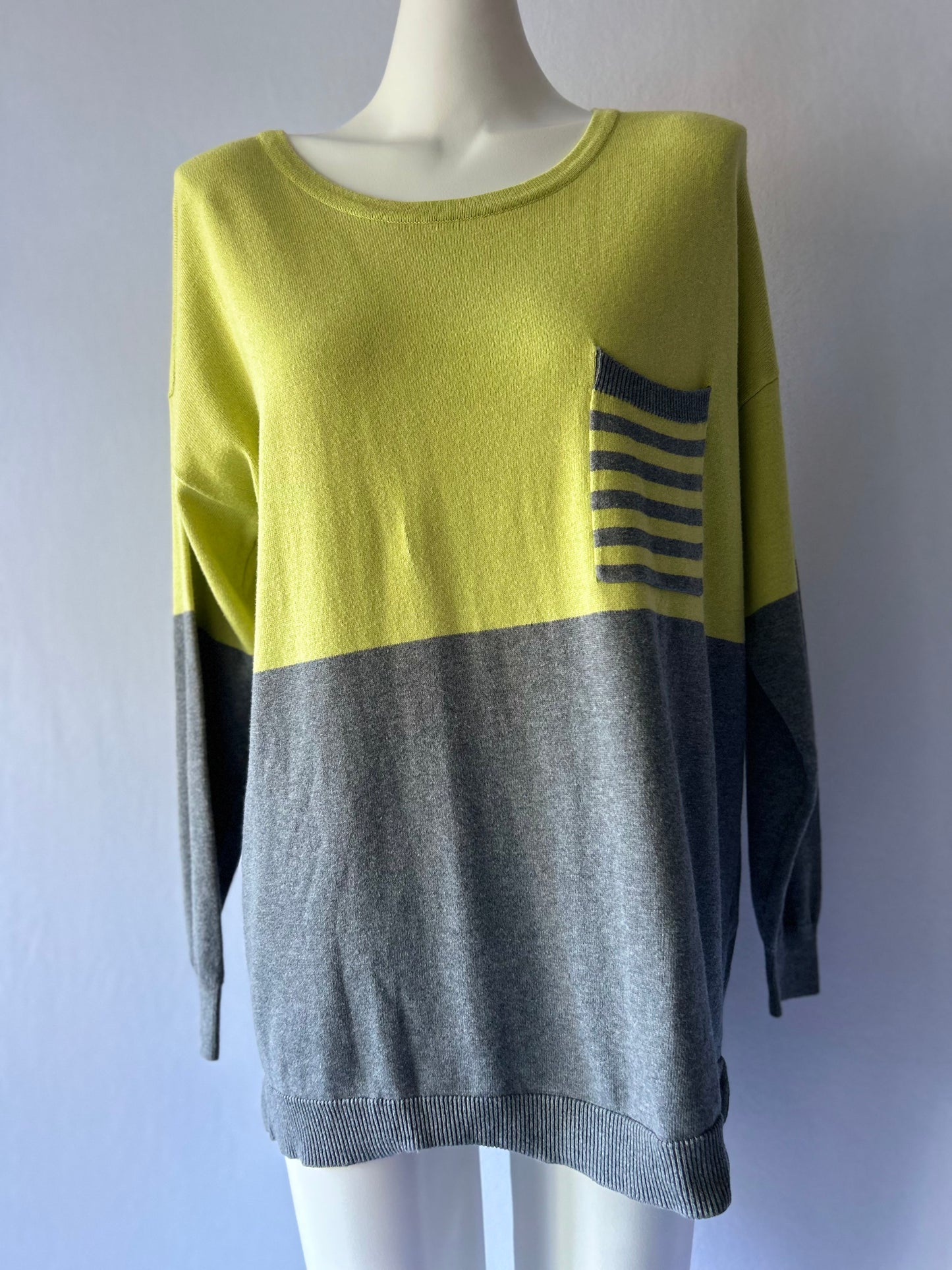 Chartreuse & Grey Two-Tone Cotton Sweater | Striped Pocket Detail | Size Large