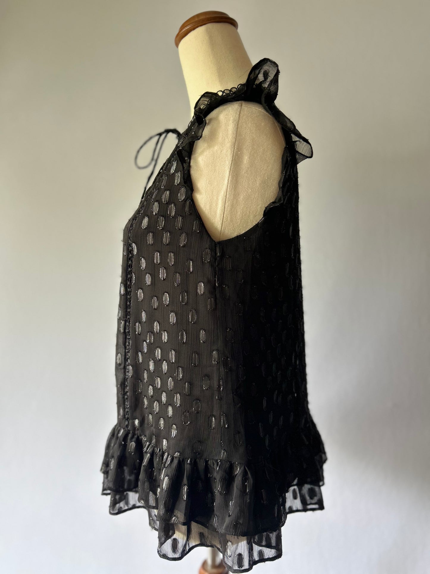 Black Chiffon Dot Blouse with Ruffles, XS