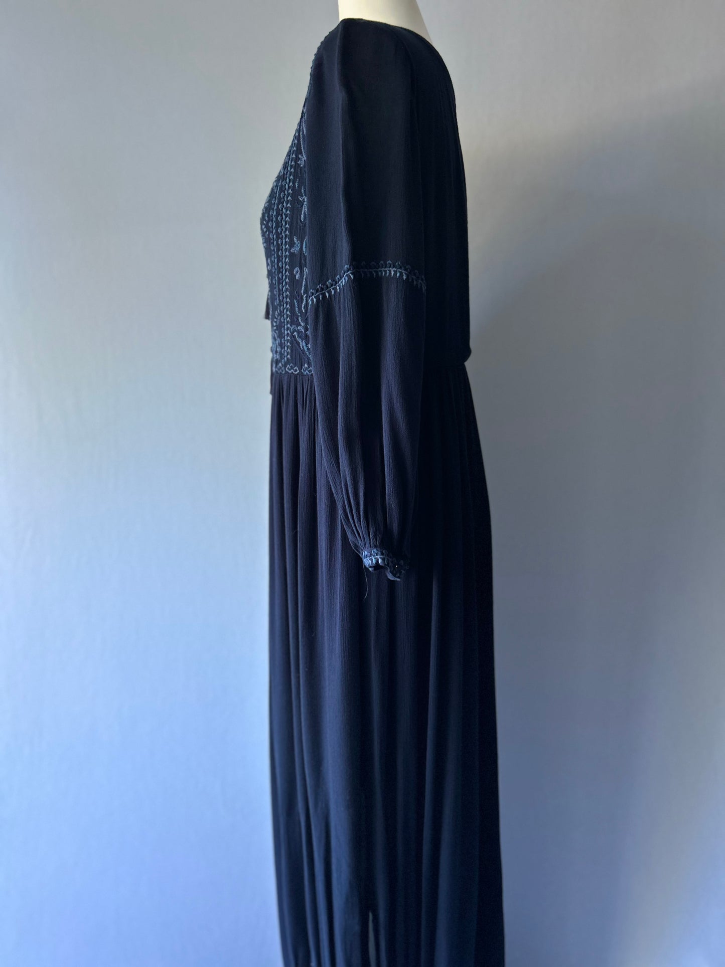 Zara New With Tags Navy Boho Maxi Dress | Embroidered Bodice | Size Large