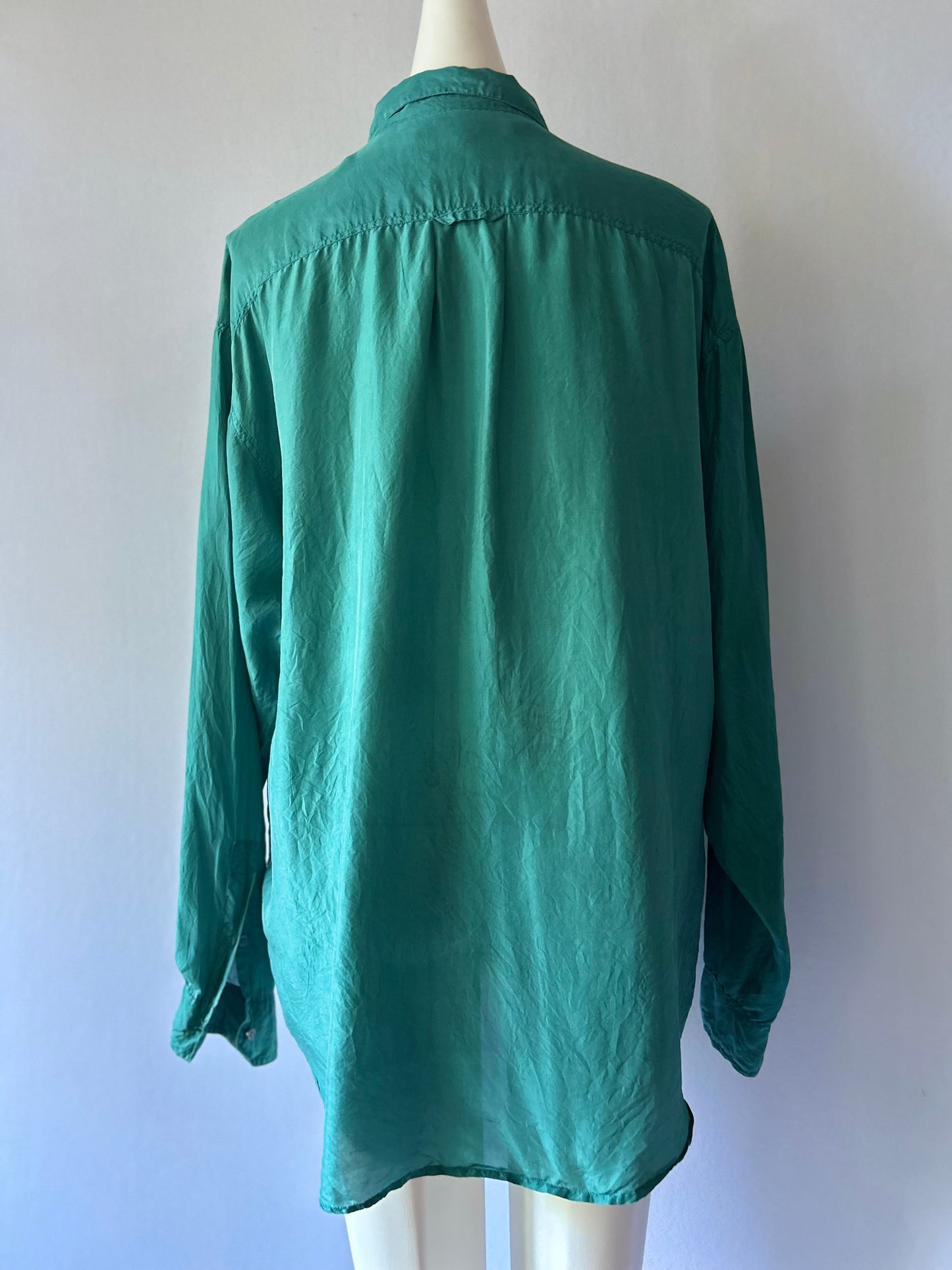 Oversized Emerald Green 100% Silk Button-Down Shirt - Size XL
