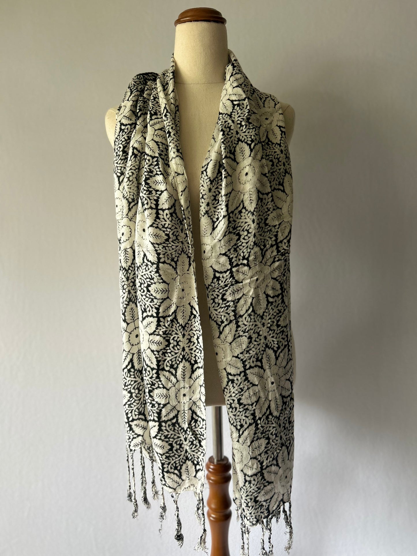 Black & Cream Floral Viscose Scarf