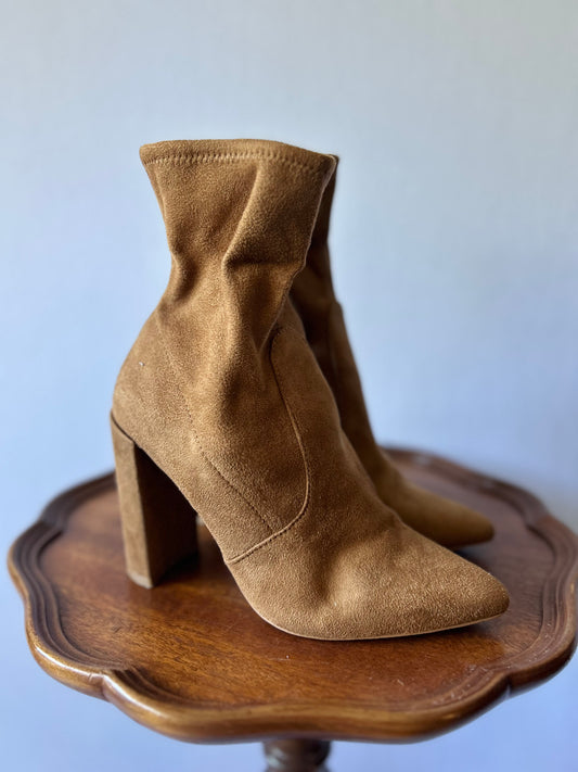 Tan Faux Suede Pointed-Toe Sock Boots - Size US 6