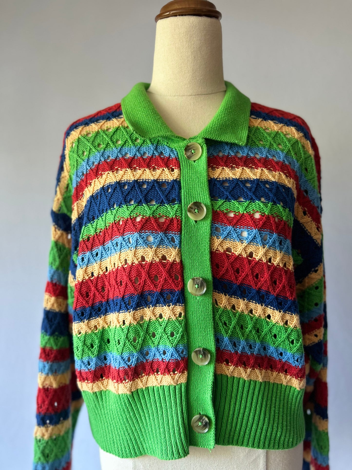 Colorful Striped Knit Cardigan – 100% Cotton, Size L