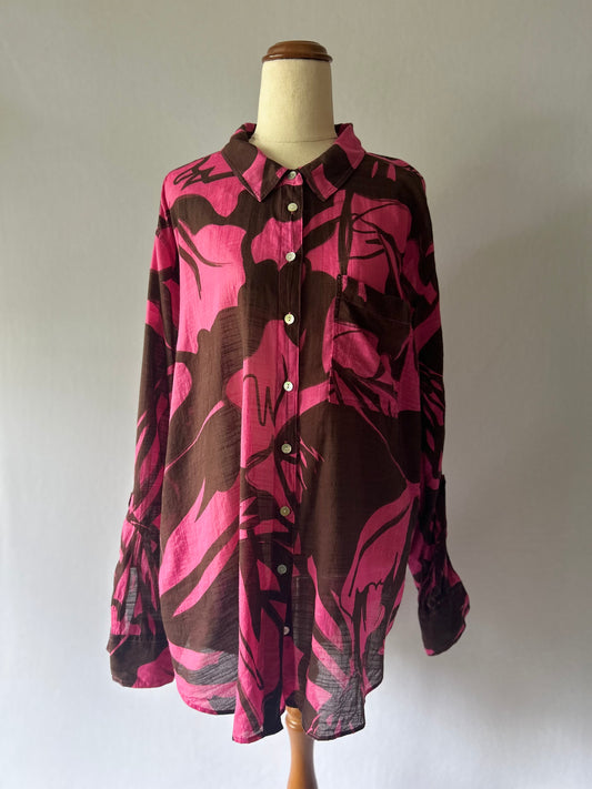 Just Jeans Pink & Brown Abstract Leaf Cotton-Linen Shirt - Size 16