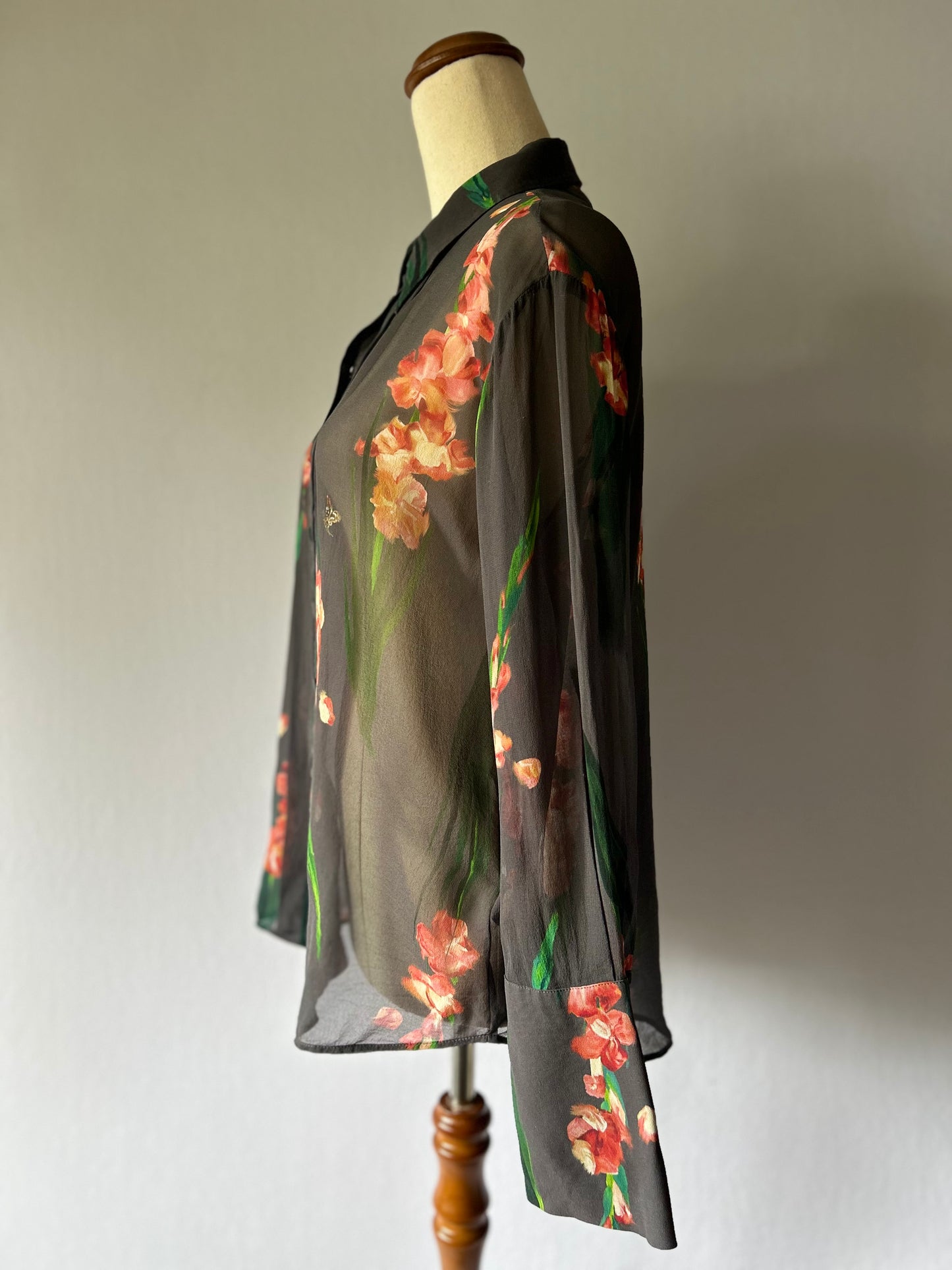 Sheer Charcoal Silk Floral Button-Down Blouse - Size UK 10/Eur38