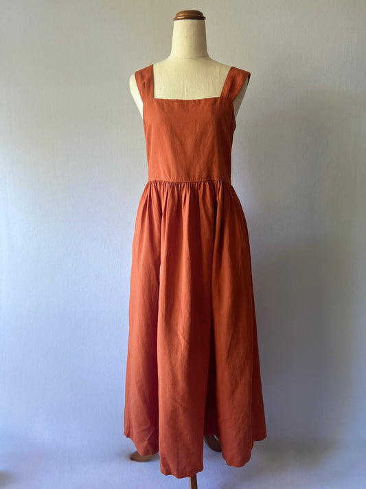 Uniqlo Linen-Blend Square-Neck Midi Dress with Pockets - Terracotta - Size S (NZ 8)