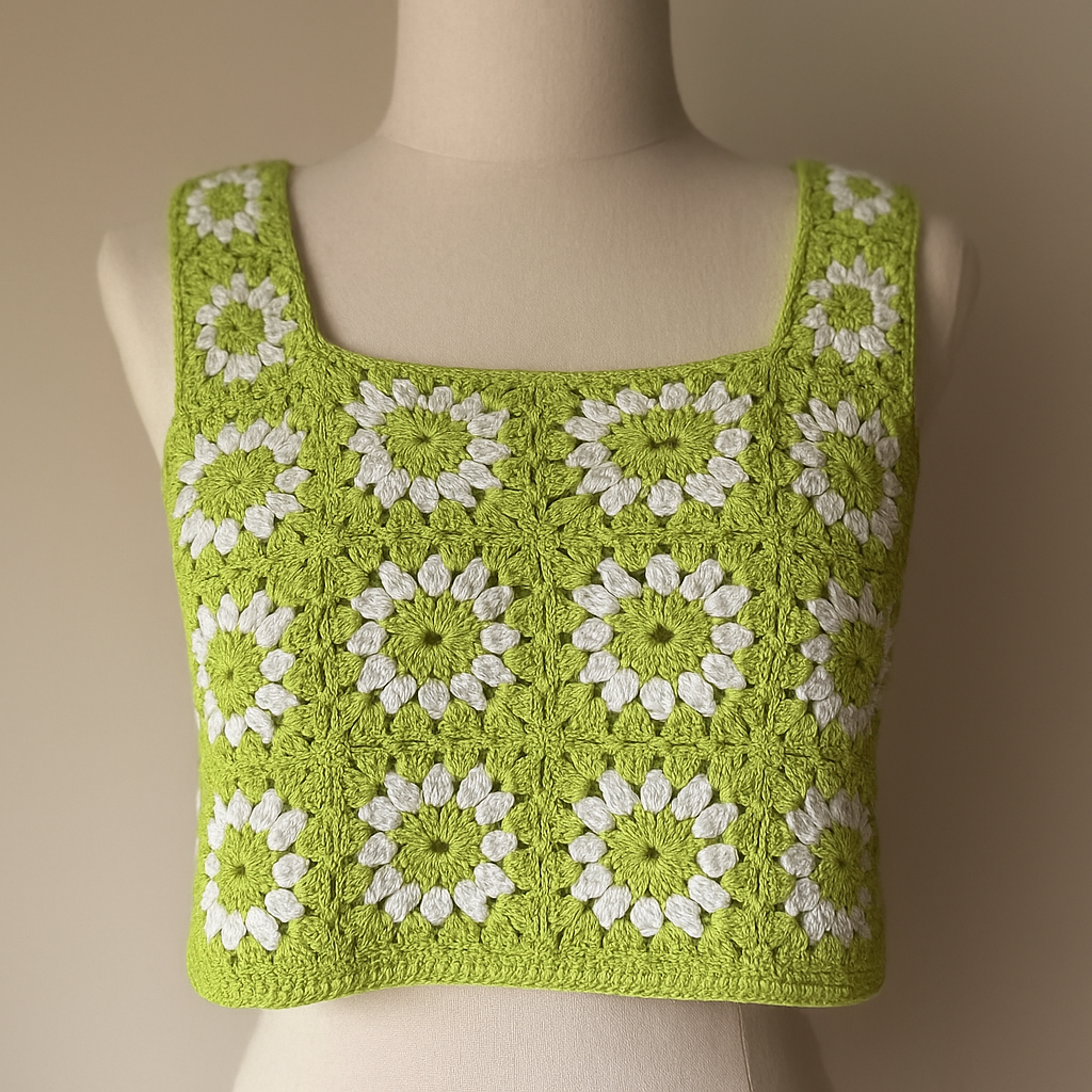 Crochet Daisy Tank  S/M – Lime & White