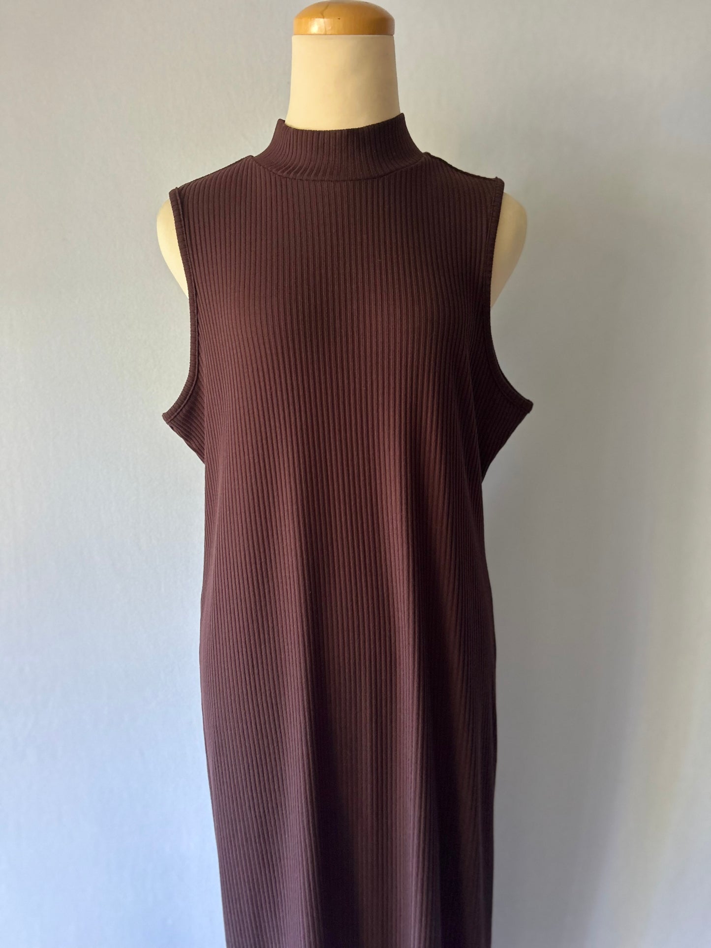 Chocolate Brown Ribbed Sleeveless Maxi Dress - Size 16