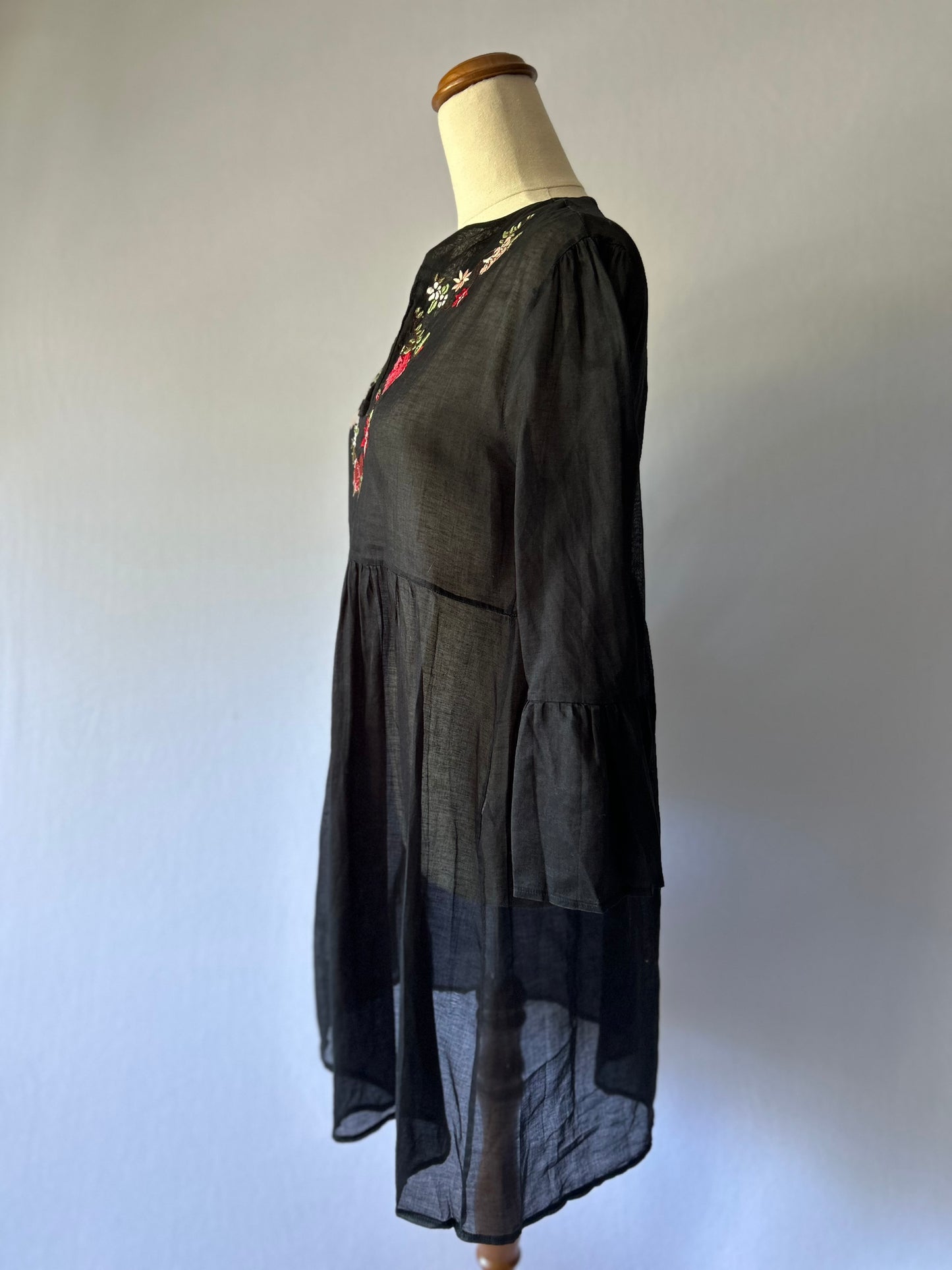 Embroidered Black Cotton Tunic / Beach Cover-Up (Size Small)