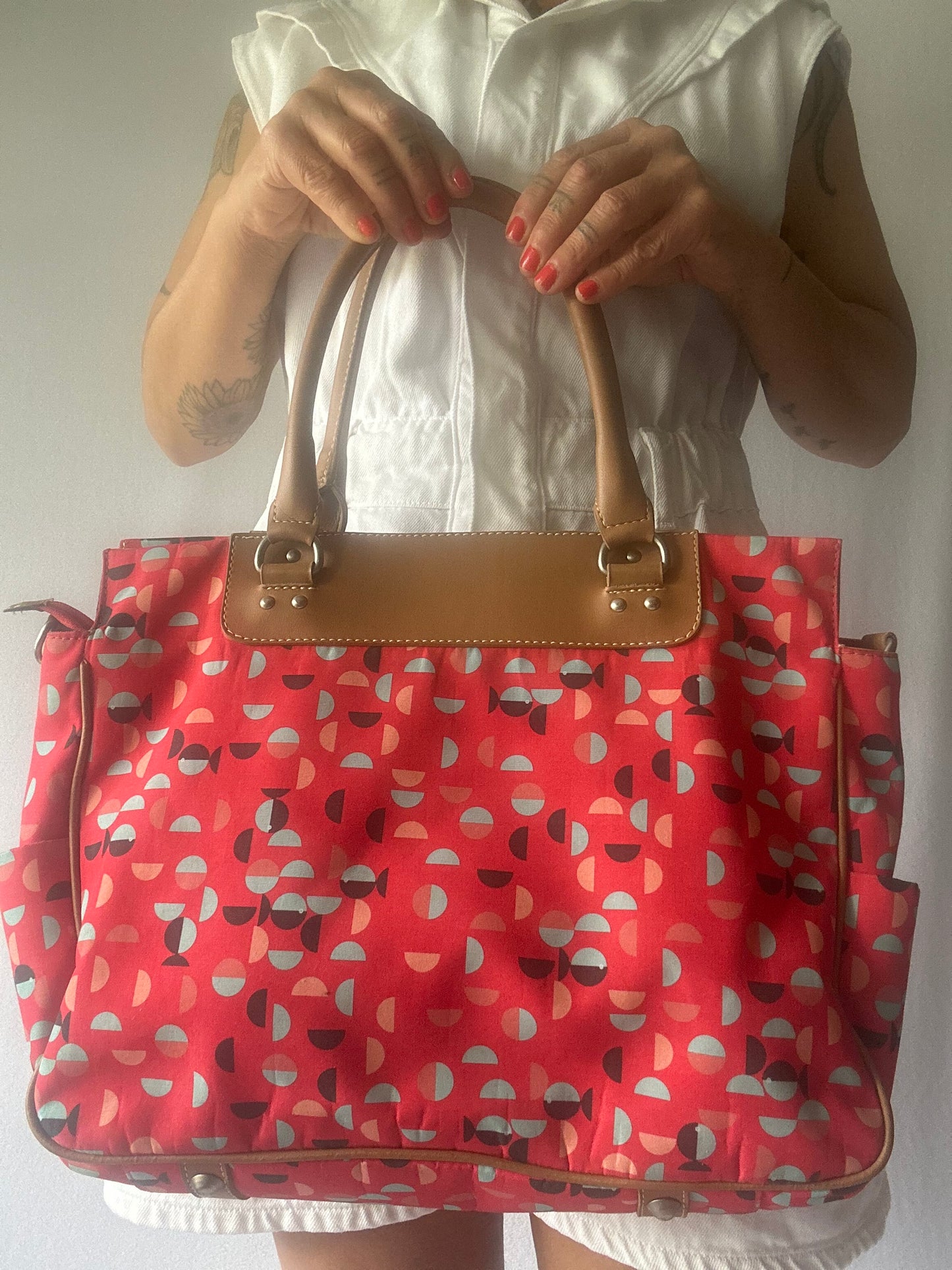 Practical Red Patterned Tote Bag with Tan Handles