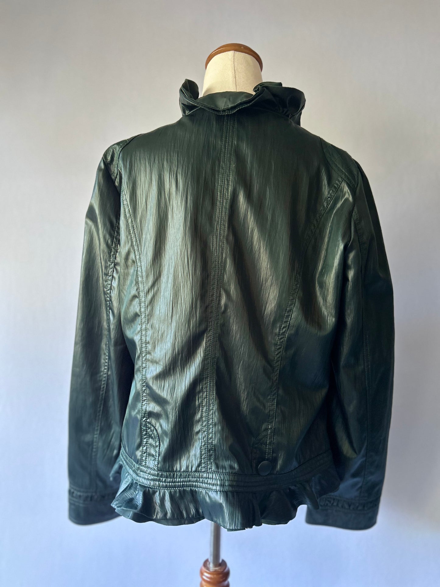 Deep Forest Green Ruffle-Front Faux Leather Jacket - Size 16