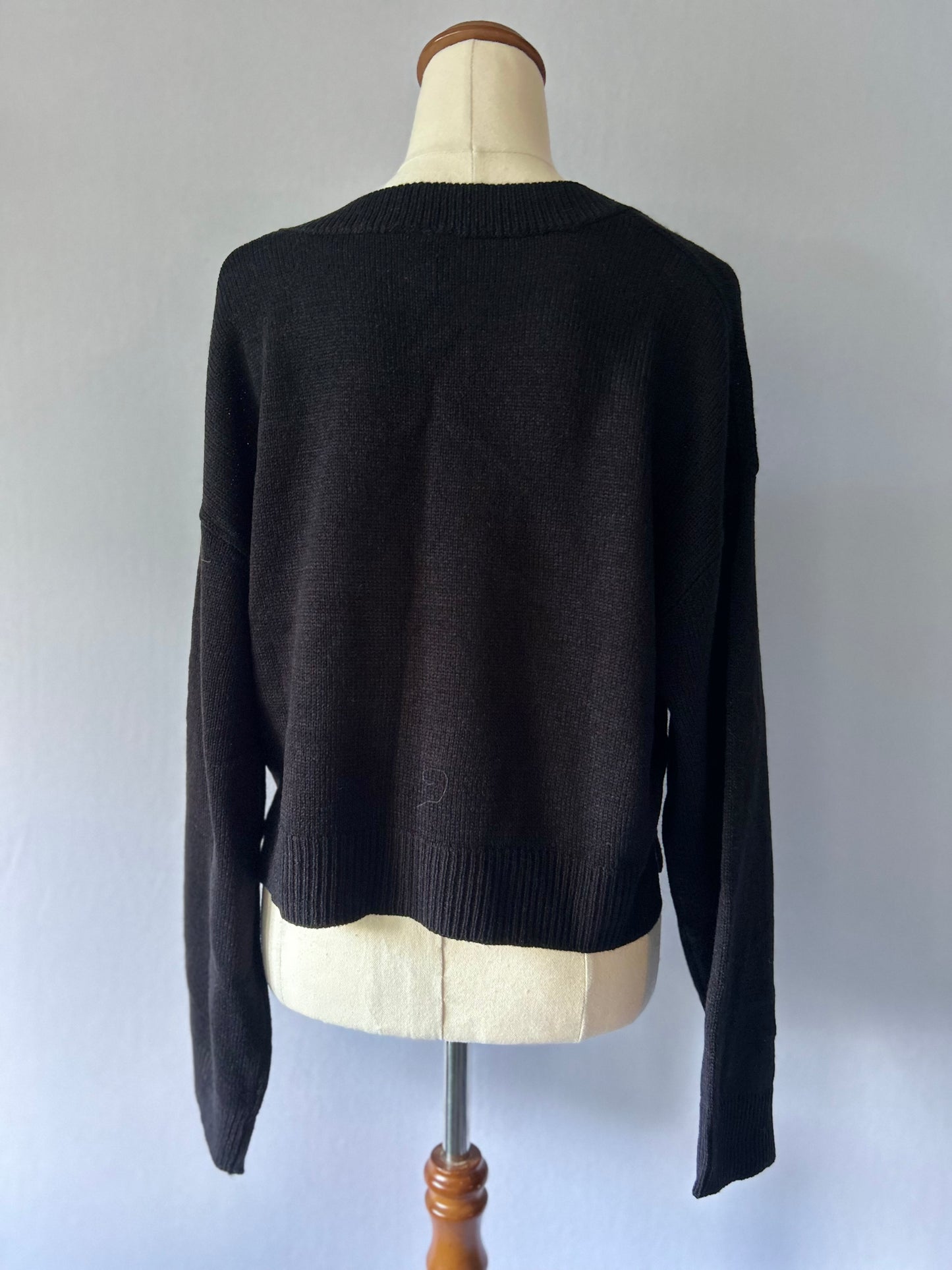 Minimalist Black V-Neck Knit Sweater - Size S