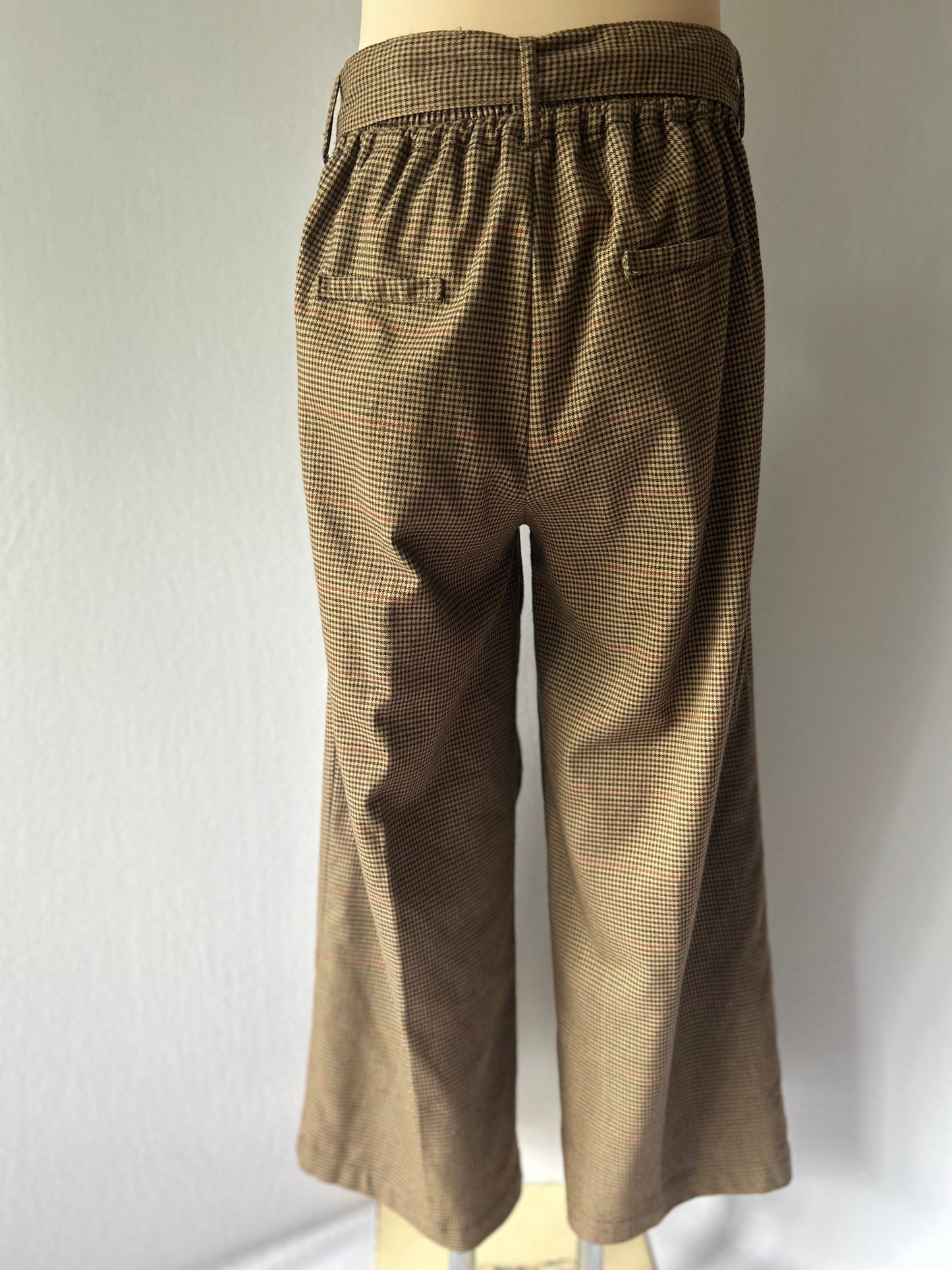 Brown Gingham Check Wide-Leg Belted Trousers - Size M