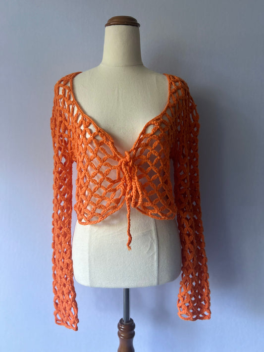 Pretty Little Thing Orange Crochet Knit Cropped Cardigan - Size L