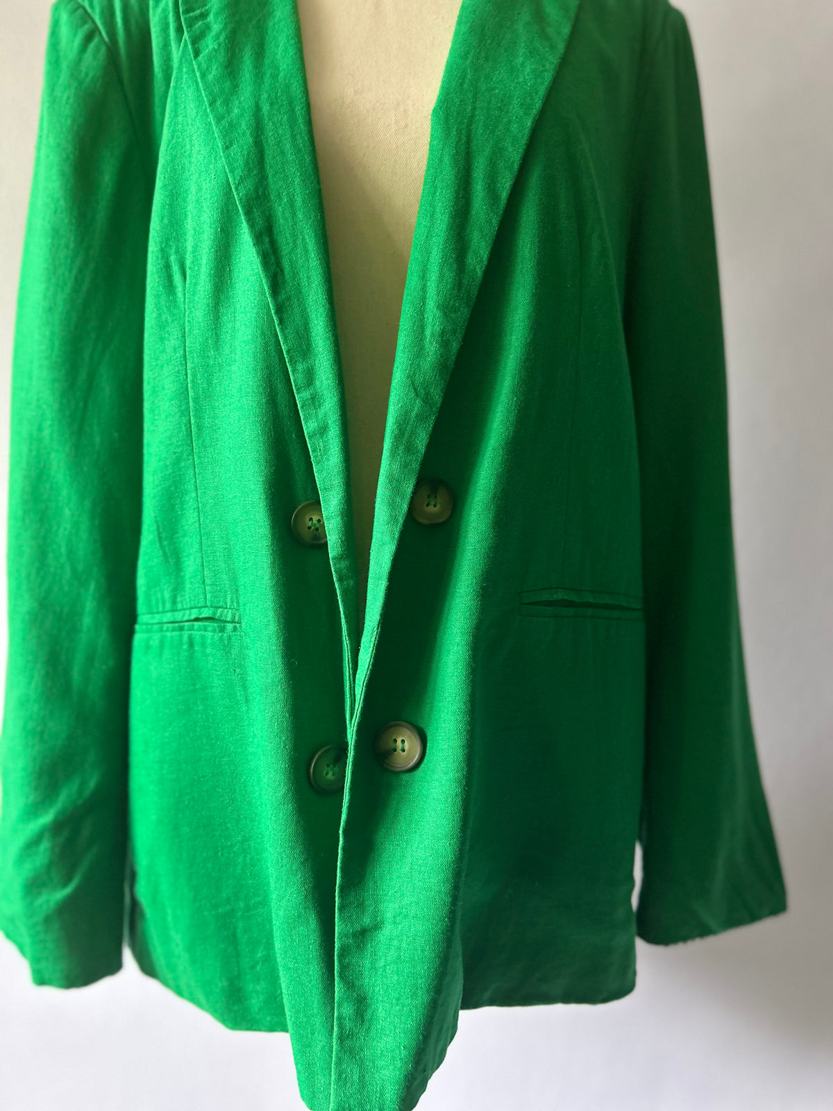 Relaxed Vibrant Emerald Green Linen Blend Double-Breasted Blazer - Size Large