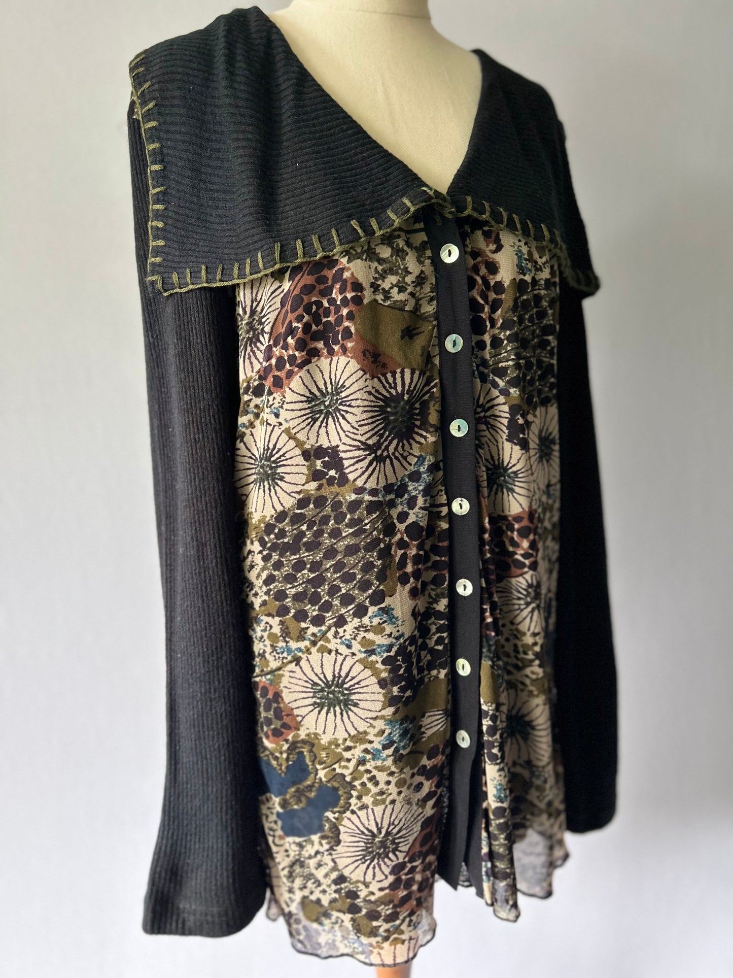 Merric Mixed-Media Patterned Cardigan with Embroidered Shawl Collar - Size 16