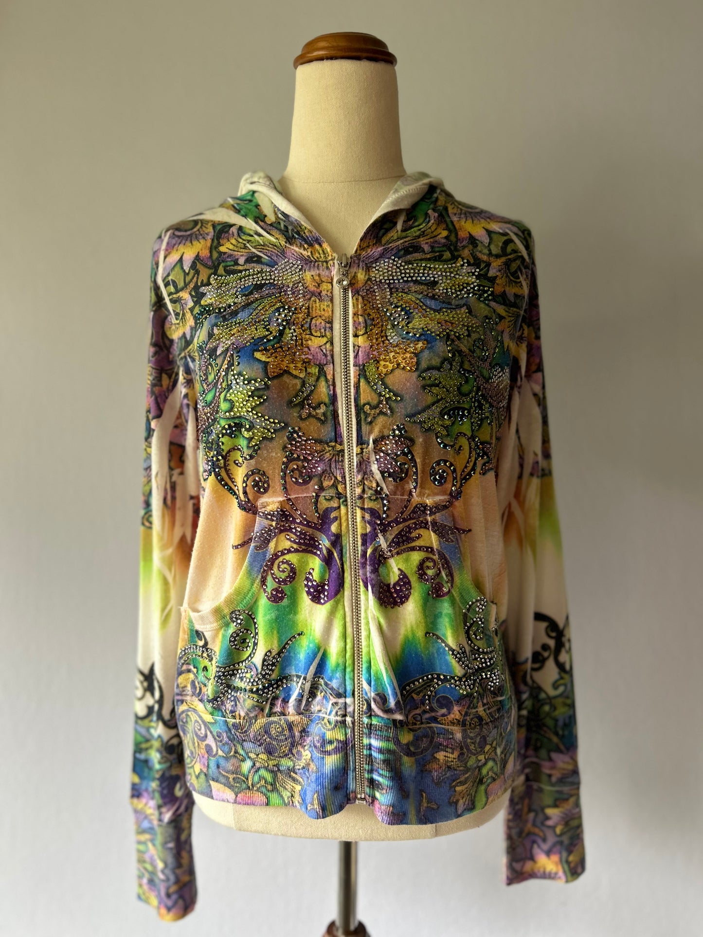 Y2K Rhinestone Embellished Graphic Zip-Up Hoodie - Size L