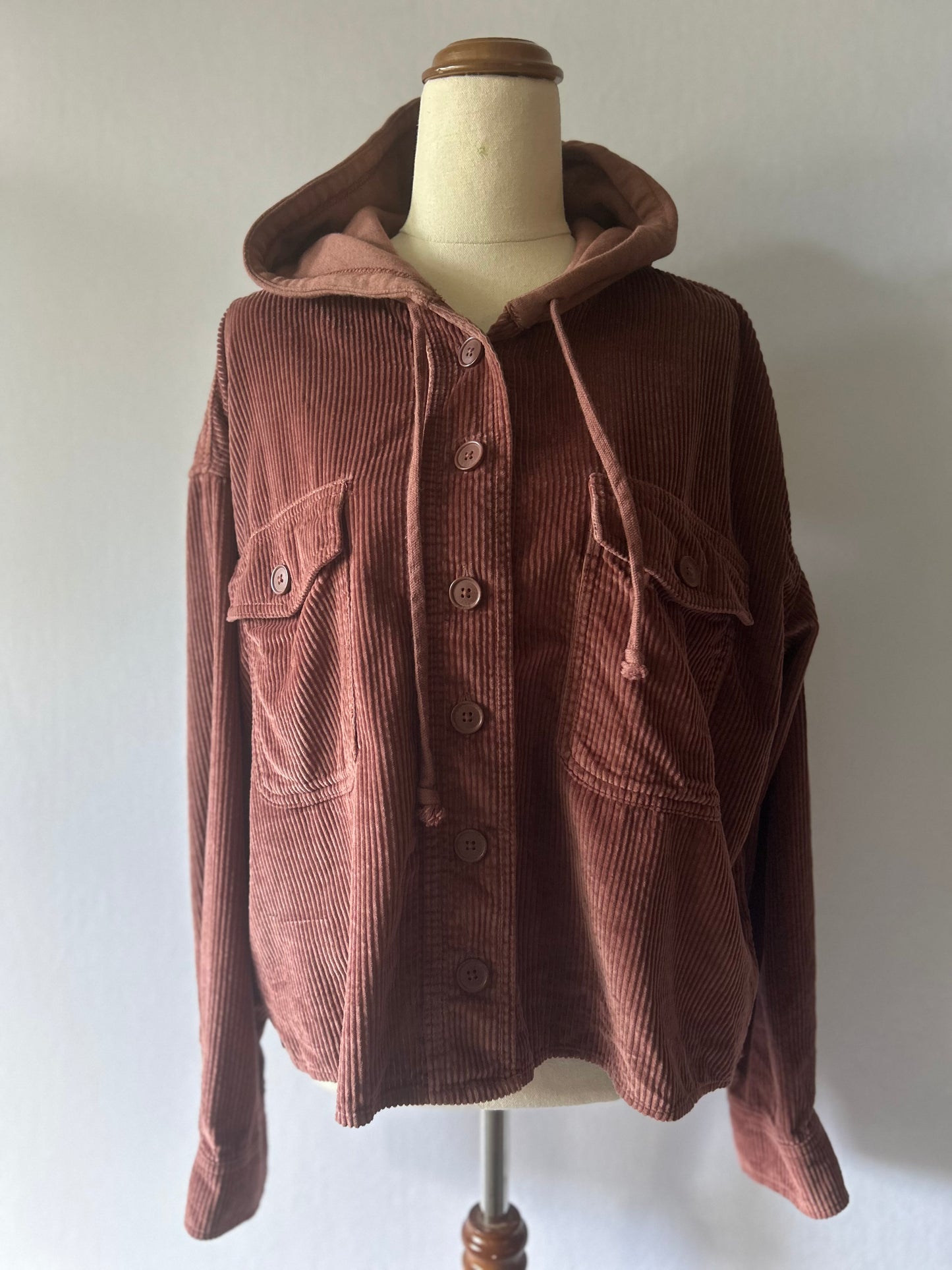 Dusty Rose Corduroy Button-Down Jacket with Hoodie | Size Large | 100% Cotton