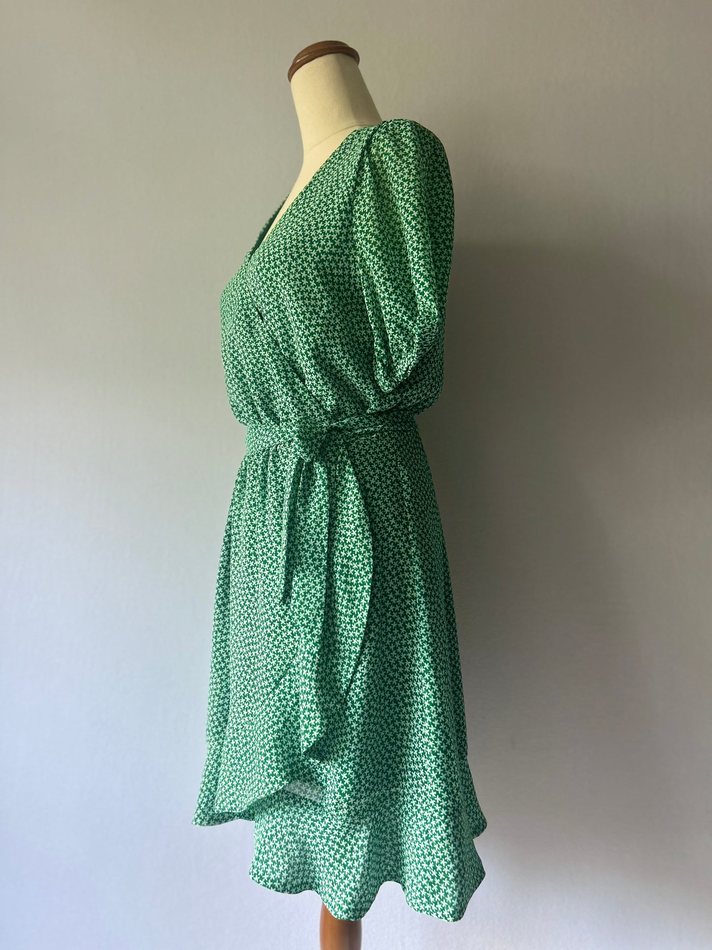 Kookai Green & White Star Print Wrap Mini Dress - Size 38 (NZ 10)