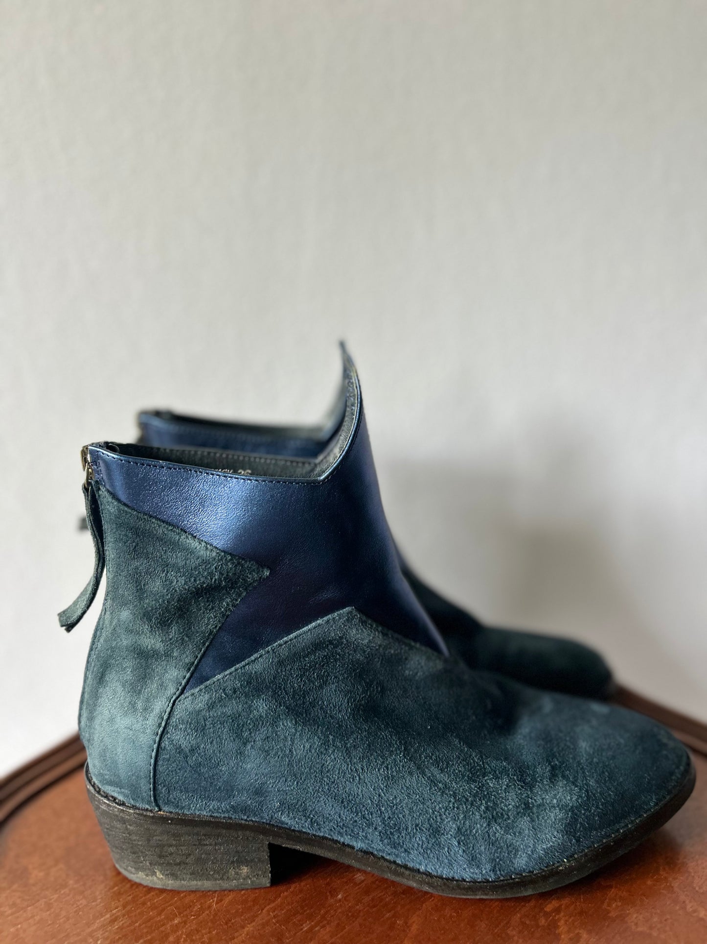 Indigo Suede & Metallic Paneled Ankle Boots – Size 36