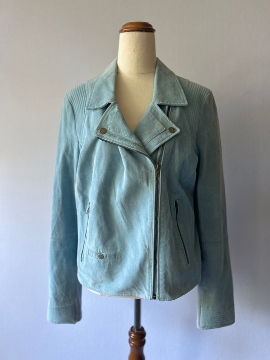 Dusty Pastel Light Blue Genuine Suede Leather Biker Jacket - Size 16