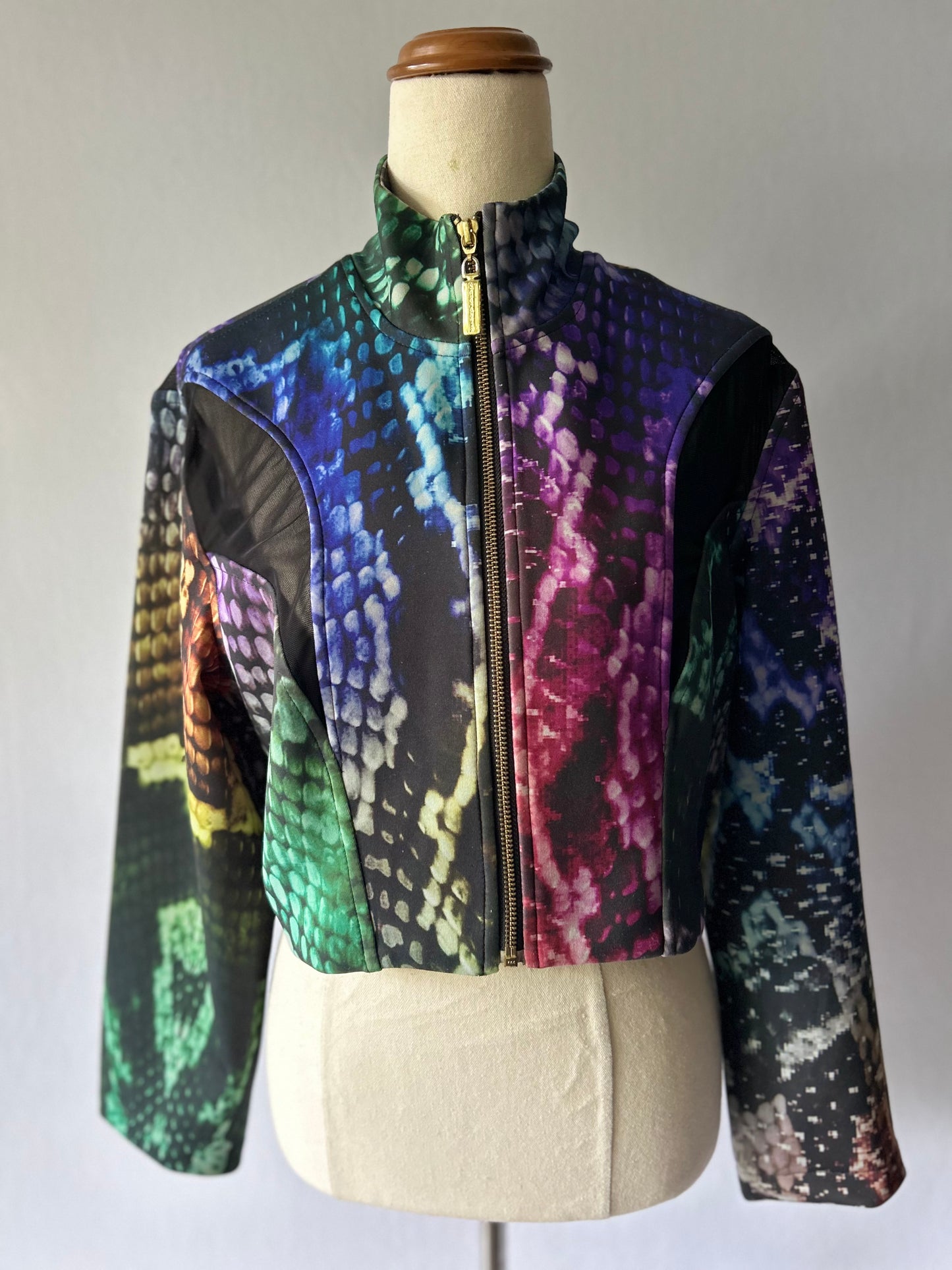 Vibrant Rainbow Snakeskin Cropped Zip-Up Jacket with Mesh Trims - Size Small