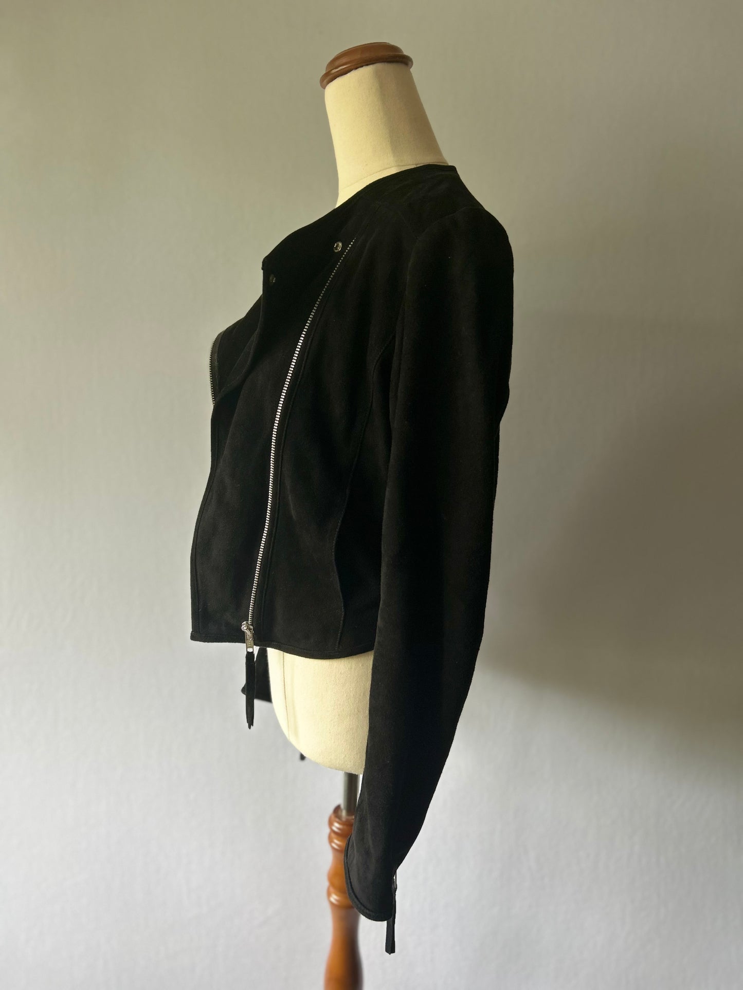White Suede Asymmetric Black Leather Moto Jacket – Size 10