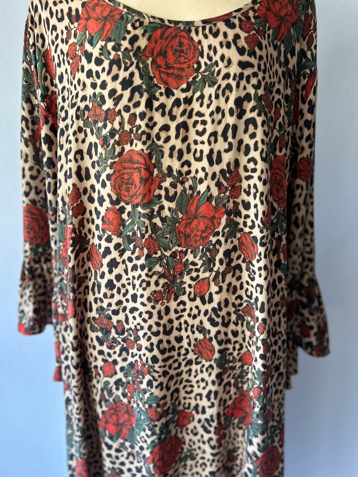 Leopard & Rose Print Tiered Smock Dress - Size 18