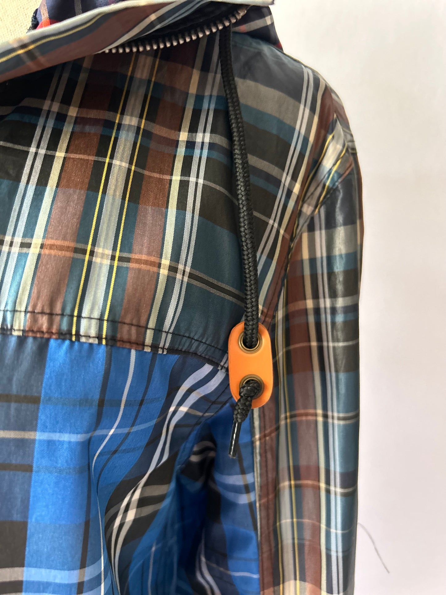 Blue Plaid Mixed Pattern Hooded Windbreaker - Size 2XS