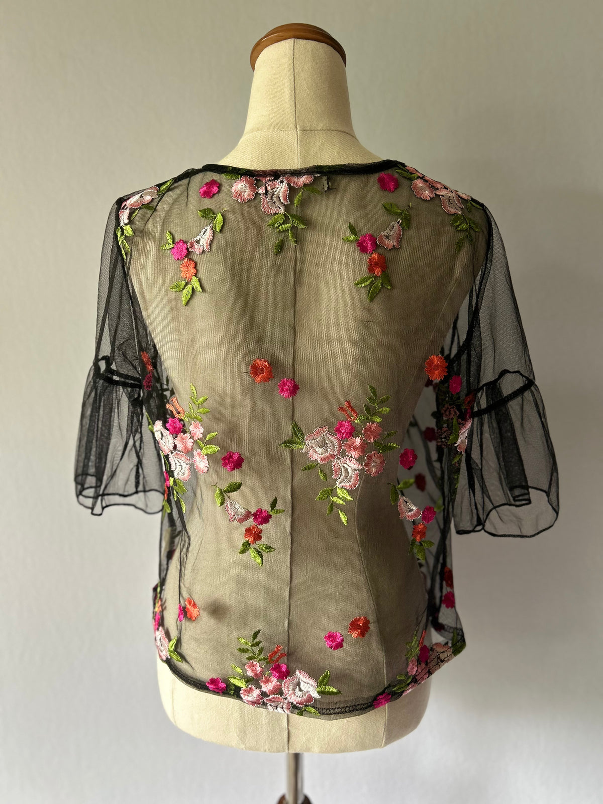Black Floral Embroidered Mesh Top – Size S/M