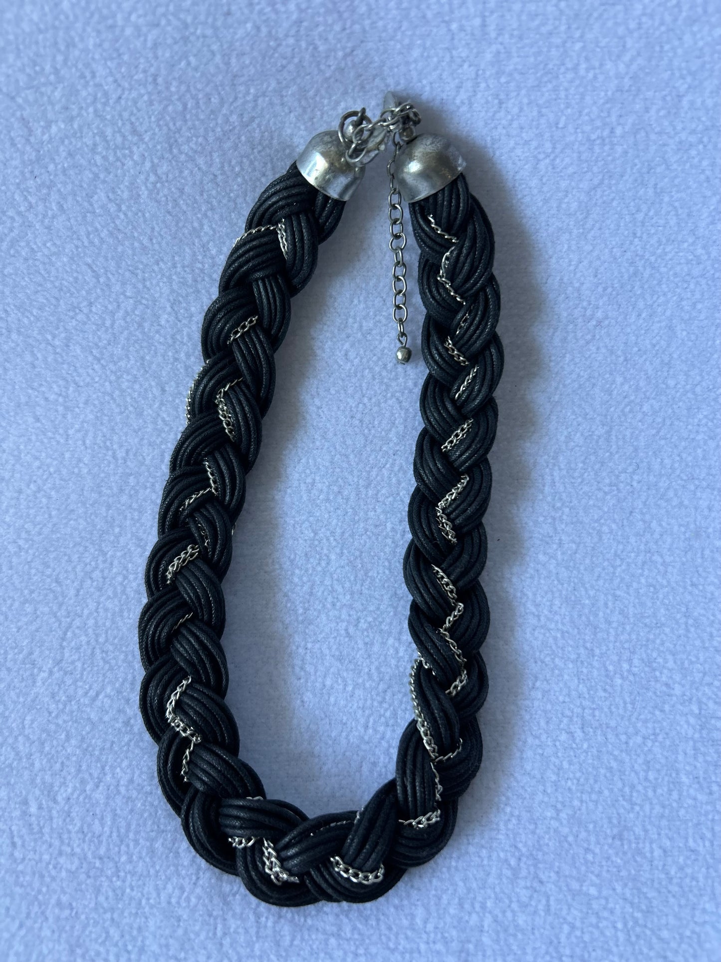 Braided Statement Necklace | Black Cord & Silver Chain