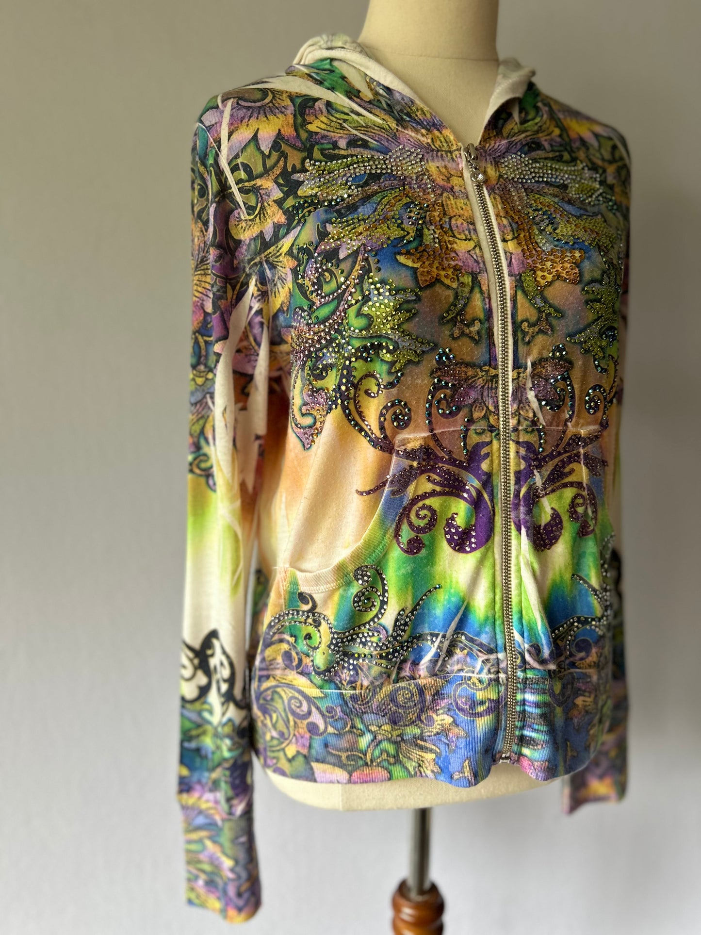 Y2K Rhinestone Embellished Graphic Zip-Up Hoodie - Size L