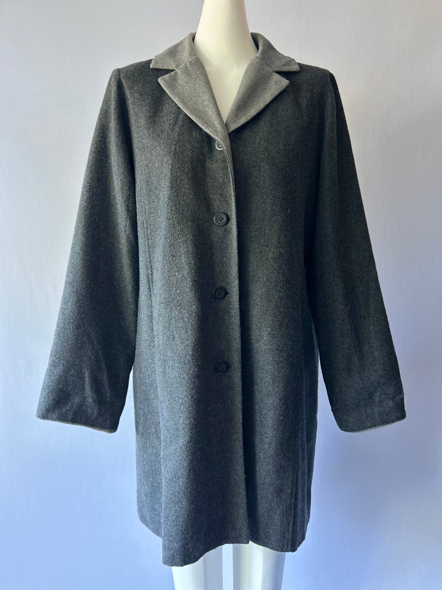 Grey Wool Blend Tailored Overcoat | Two-Tone Collar | Size 16 | Winter Outerwear