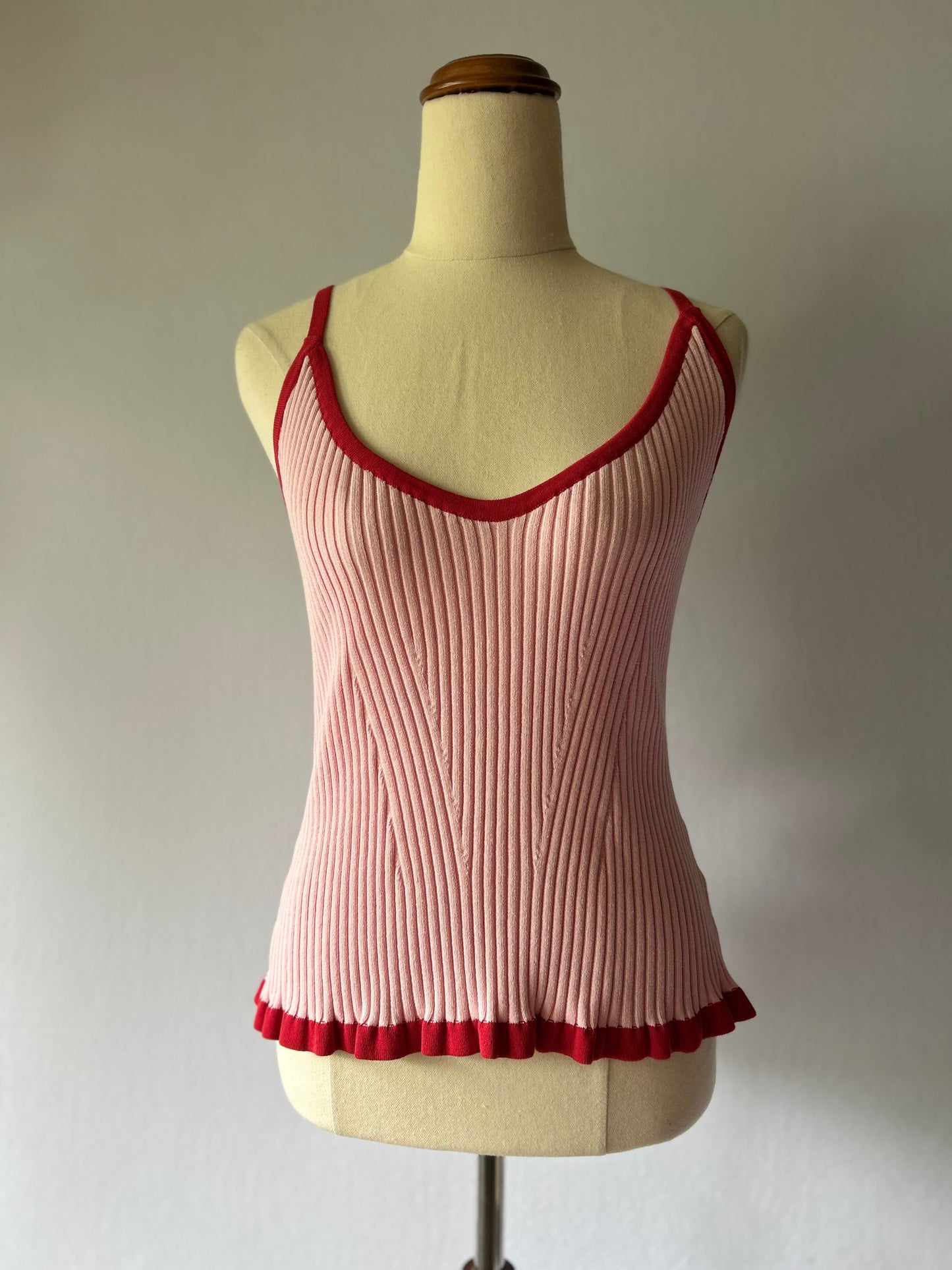Ruby Pink Ribbed Knit Cami Tank Top with Red Contrast Trim - Size 12