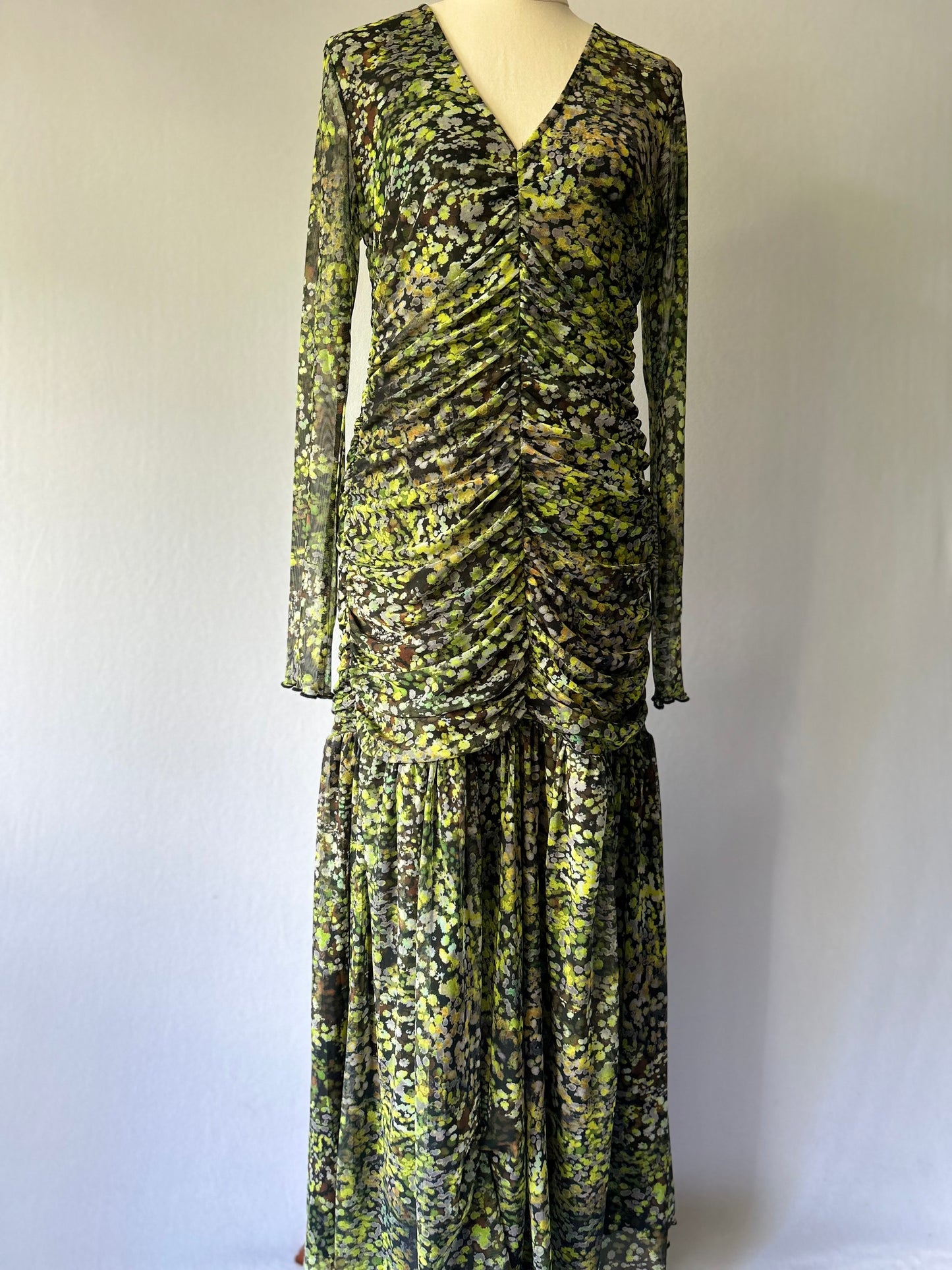 Abstract Floral Ruched Maxi Dress – Size UK M