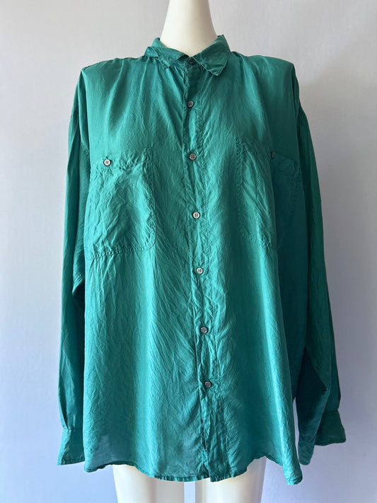 Oversized Emerald Green 100% Silk Button-Down Shirt - Size XL
