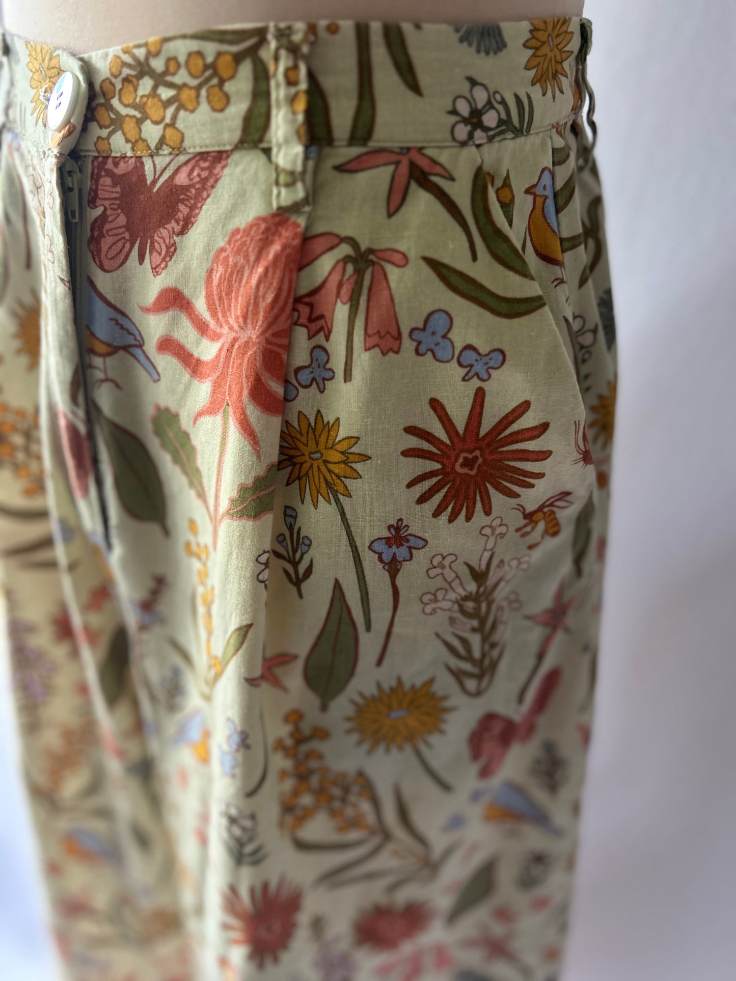 Princess Highway Floral & Bird Print Wide-Leg Linen Trousers - Size 10
