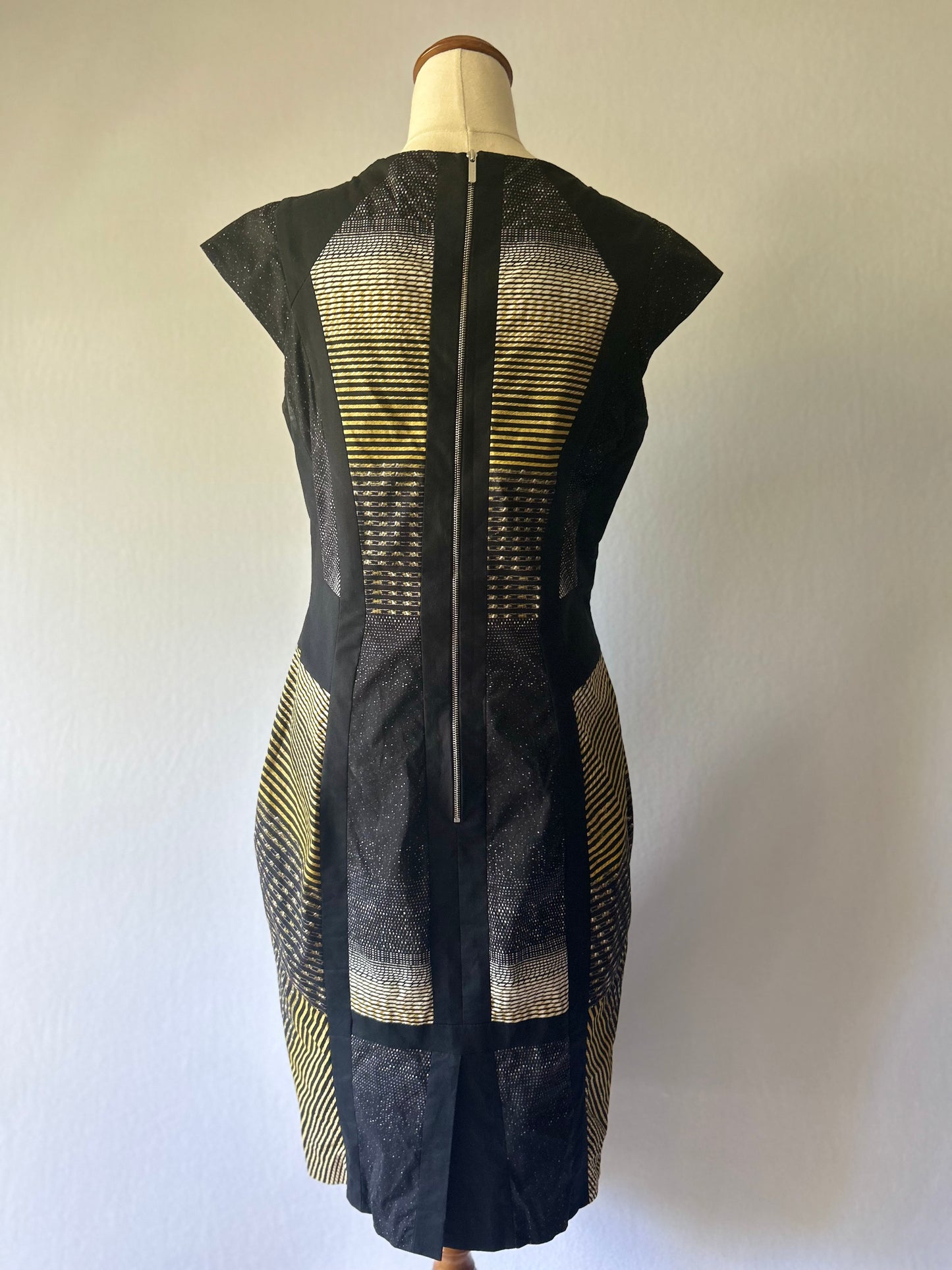 Geometric Jacquard Sheath Dress - Black & Gold Sparkle