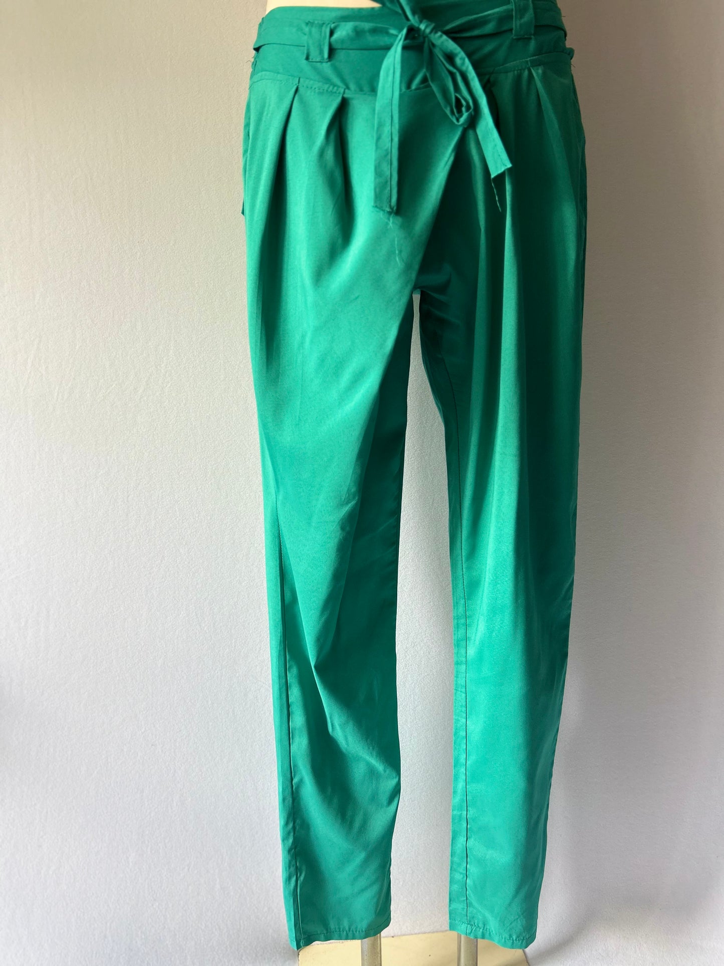 Emerald Green High-Waisted Trousers - Belted Polyester, size L