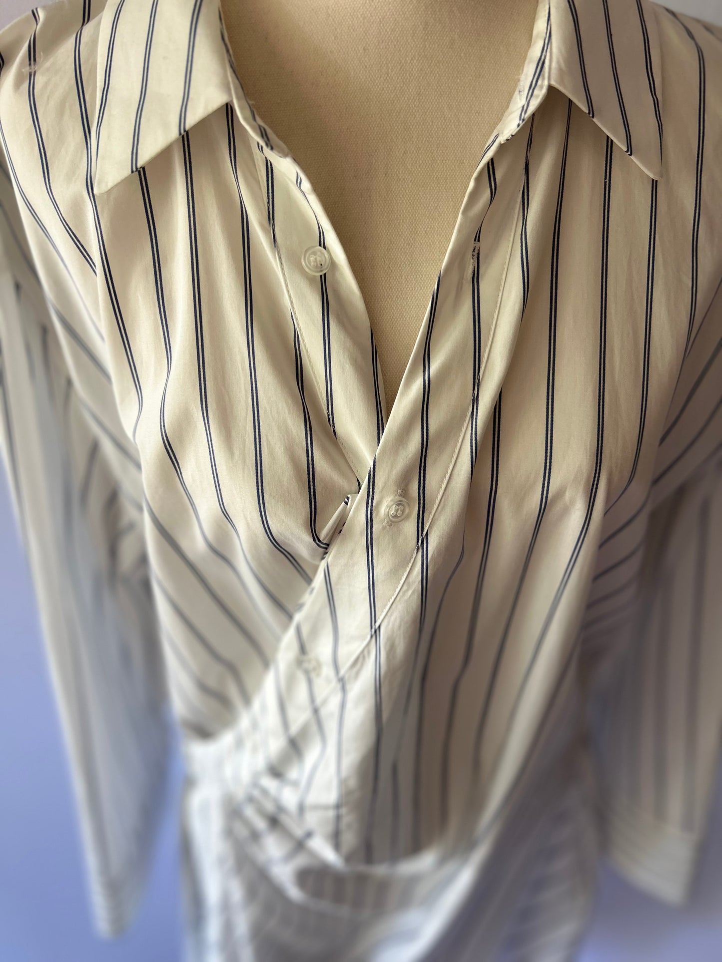 Striped White & Navy Gathered Wrap Style Shirt Dress - Size 14 (100% Cotton)