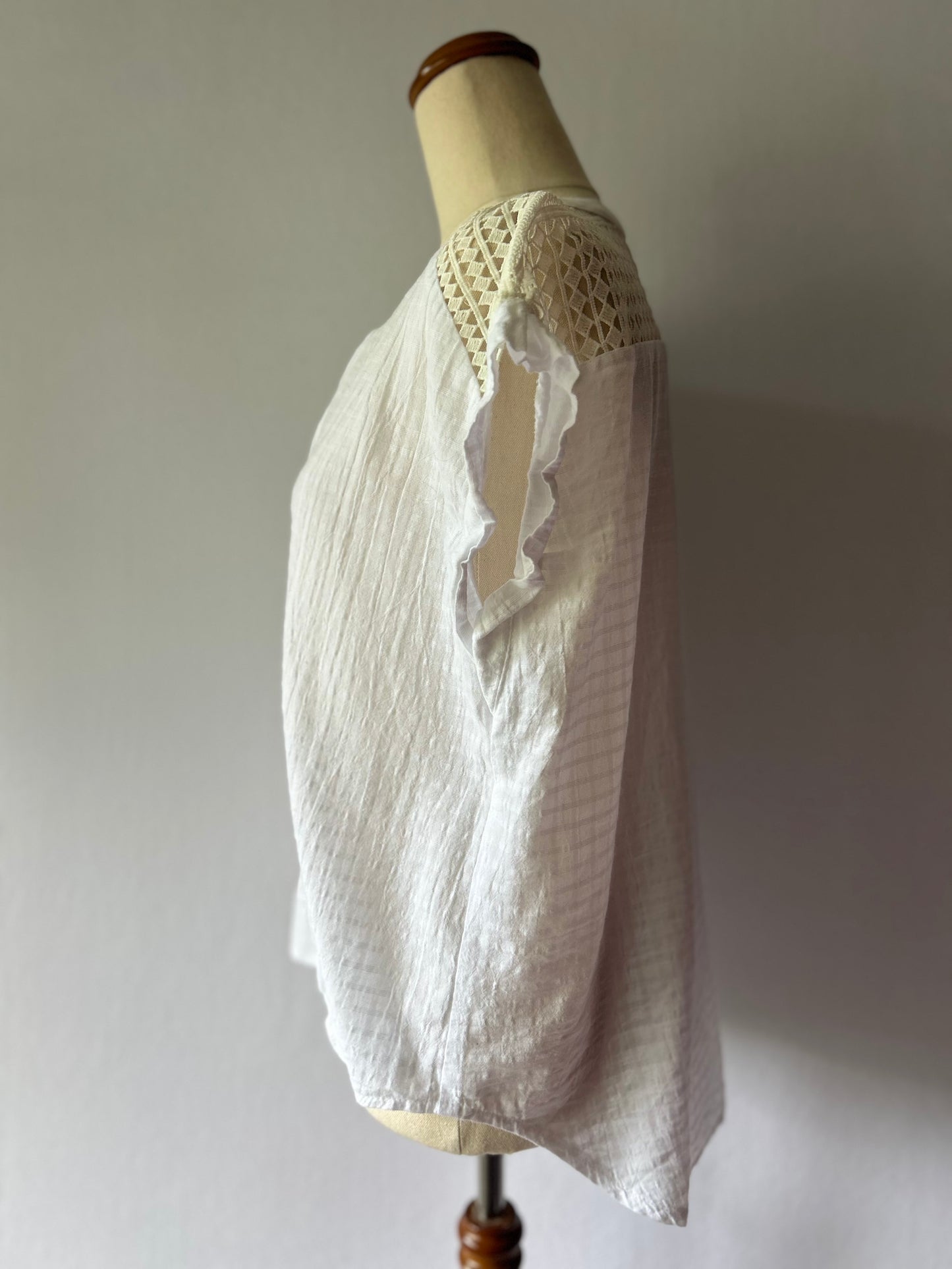 White Textured Boho Blouse with Lace Detail - Size M