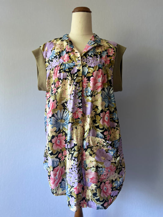 Handmade Vintage Floral Longline Button-Front Shirt Tunic - Size M